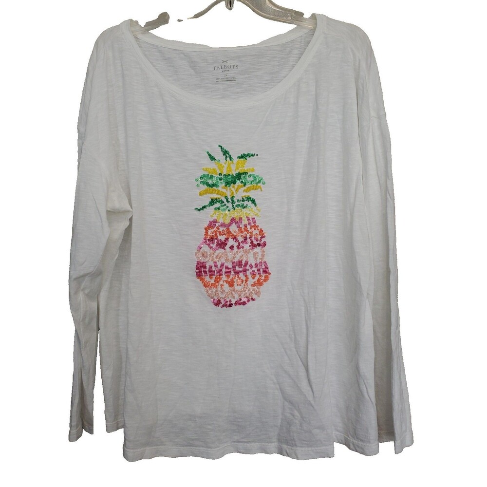 Talbots Woman 100% Cotton Sequined Pineapple Long Sleeve T-Shirt Size 2X
